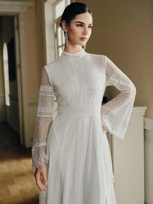 Anewsta Elegant & Gentle Embroidered Polka Dot Lace Patchwork Long Sleeve Stand Collar Party Dress, Vacation Style