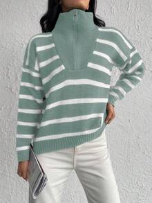 SHEIN Cottnline Women's Zipper Half-Placket Striped Sweater Pullover - Mint Green - View 5