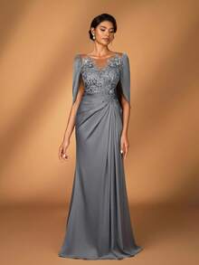 Serin Elegant Luxurious Embroidered Lace Sequin Patchwork Elastic Satin Ruffle Sleeve Mermaid Hem Dress, Suitable For Wedding, Party, Bachelorette Party, Vacation, Gala, Evening, Mother Of The Bride Dress, Valentine's Day - Army Green - View 3