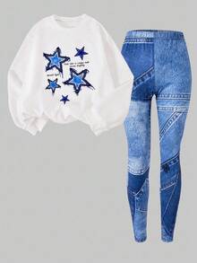 SHEIN Explorewe 2 piezas Conjunto informal y de moda para niñas preadolescentes con sudadera de cuello redondo de manga larga cómoda con estampado de estrellas y pantalones pitillo con efecto de mezclilla, para otoño/invierno - Multicolor - Ver 5