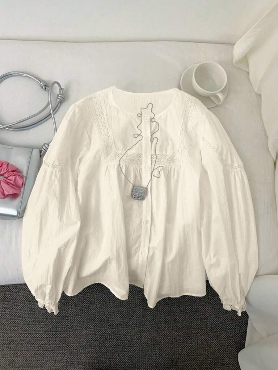 SHEIN Áo cánh dài tay màu trắng viền ren cho nữ, trang phục thường ngày thanh lịch cho kỳ nghỉ - Màu be - Xem 1