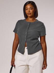 MUSERA Áo sơ mi tay ngắn ôm dáng, cài cúc, thanh lịch, sang trọng, thích hợp cho kỳ nghỉ, du lịch, dễ thương, lãng mạn, phong cách thập niên 90, Y2K, mùa xuân, hè, lễ Phục sinh. - Màu xám đen - Xem 5