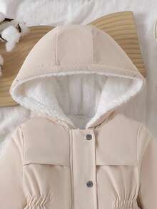 SHEIN Vintaside Kids 女童卡其色可爱脸连帽舒适时尚休闲棉服外套，秋冬 - 杏色 - 查看 7