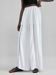 Ontre 2025 亚麻面料，秋冬全季，秋季服装，冬季服装，返校，万圣节女装，圣诞节，女教师制服，夜间外出服装，商务休闲裤，带抽绳松紧腰带和荷叶边下摆 - 白色 - 查看 6