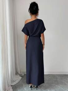Elenzga 女式纯色不对称蝙蝠袖褶饰开衩下摆优雅连衣裙 - 藏蓝色 - 查看 2