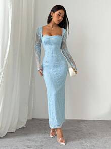 SHEIN PETITE Women's New Summer Party Date Evening Sexy S-Shaped Lace Long-Sleeved Breast Cup Fishbone Square Neck Tight Bodycon Black Maxi Dress Baby Blue Lace Dress Light Blue Long Sleeve Dress Baby Blue Elegant Dress Light Blue Maxi Dress Blue Lace Evening Gown Formal Dresses For Wedding Guest Lace Long Dress,Party Dress,Fall Dresses For Women - Baby Blue - View 4