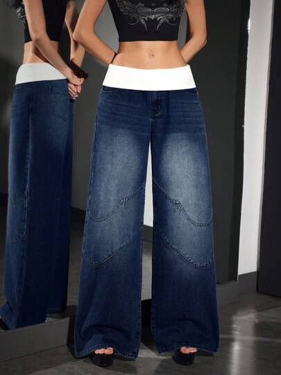 Jeanoix Women's Loose Casual Versatile Ultra Low Waist Wide Leg Jeans