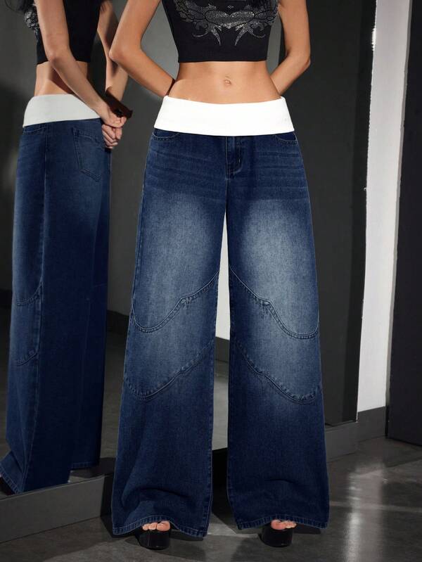 Jeanoix Women's Loose Casual Versatile Ultra Low Waist Wide Leg Jeans