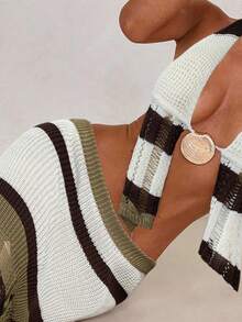 Aloruh 女士春夏新款钩针编织两件套，优雅性感度假风沙滩装，吊带露背短款上衣+超低腰镂空长裙，秋冬新款女士毛衣套装 - 咖啡棕 - 查看 9