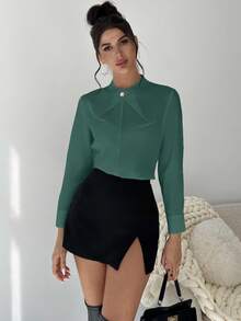 Firerie Camisa ajustada de unicolor elegante y minimalista con decoración de metal en escote en V, adecuada para el uso diario - Azul Cadete - Ver 3
