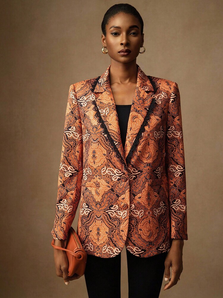 Vesra Women's Retro Print Contrast Color Trim Blazer Jacket Fall Cloth For Women - Multicolor - View 4