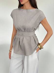 SHEIN Tall 亚麻蝙蝠袖休闲上衣，夏季，毕业，教师，返校 - 卡其色 - 查看 9