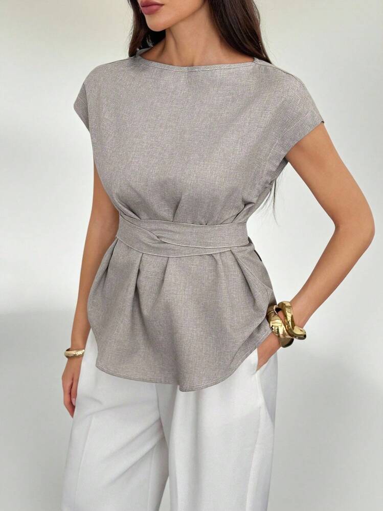 SHEIN Tall 亚麻蝙蝠袖休闲上衣，夏季，毕业，教师，返校 - 卡其色 - 查看 9