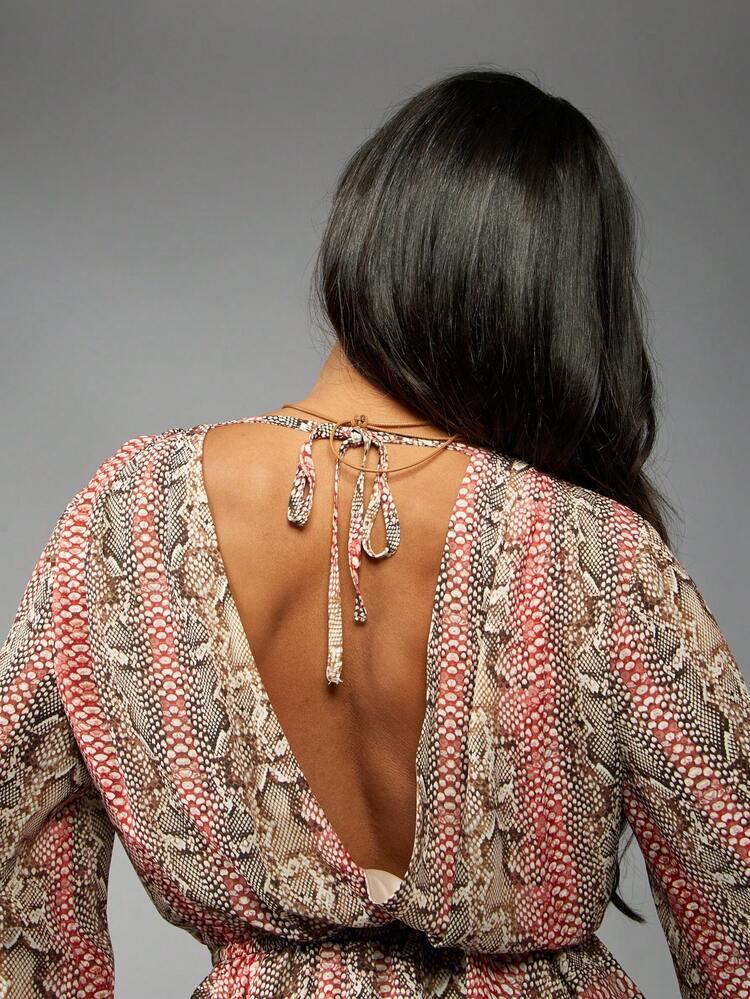 MISSGUIDED Chiffon Snake Print Long Sleeve Mini Dress Ruched Waist Deep V Neck Puff Sleeve Empire Waist Party Club Night Out Spring Fall Fashion 2024