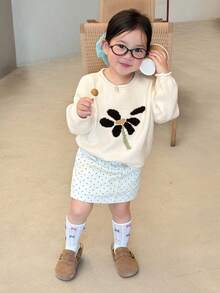 DAZY 女童圆领拼色花卉印花长袖毛衣，秋冬款 - 白色 - 查看 8