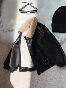 SHEIN Baby Boys Casual Cute Street Style Black PU Leather Thermal Lined Long Sleeve Zip Up Jacket, Baby Winter Clothes Baby Boy Jacket Baby Zip Up Jacket Baby Bomber Jacket Baby Leather Jacket Fall