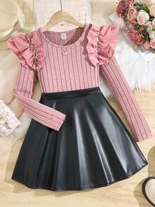 2pcs/Set Girls Elegant Pink Ruffled Pearl Decor Long Sleeve Ribbed Knit Top And PU Elastic Waist Skirt Set,Autumn Country Concert Outings Gatherings - Pink - View 3