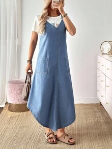 EMERY ROSE Women's Summer Casual Dual Pocket Arc Hem Strap Denim Dresswestern Wear Women/Old Money Style/Bohemian - Blue - View 6