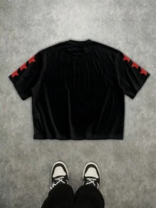 Manfinity EMRG 男士街头字母图案短袖休闲短款宽松T恤 - 黑色 - 查看 5