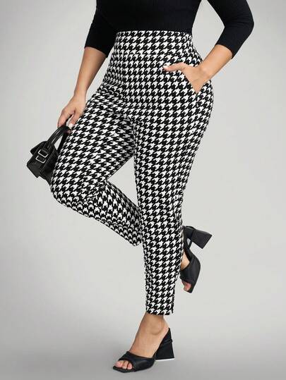Comfylo Plus Size Houndstooth Print Casual Pants Winter Clothes For Women Fall Clothes For Women Work Pants  Business Casual Woman Fall Clothes For Women Clothes Women Fall Outfits Women Plus Size Houndstooth Pants Checkered Pants Plus Size Pants Houndstooth Pants Gingham Pants