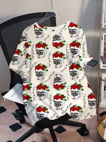 Frida Kahlo X SHEIN Plus Size Skull Graphic Round Neck Short Sleeve T-Shirt, Summer Day Of Dead