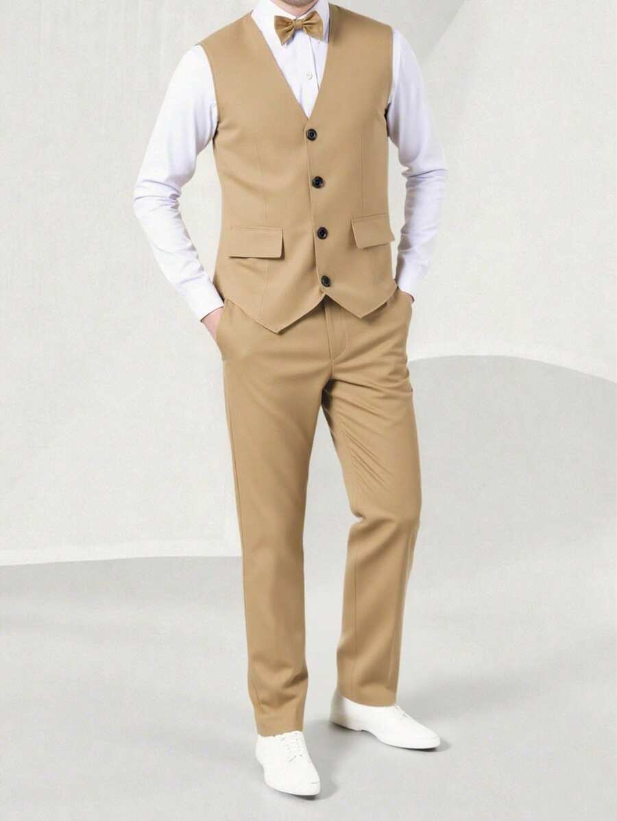 SHEIN 2 piezas Conjunto de caballero para adolescente, chaleco + pantalón largo, traje elegante para fiesta de cumpleaños, baile de graduación, boda - Caqui - Ver 1