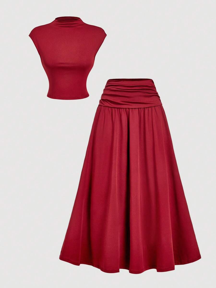 SHEIN MOD Light Yellow 2 Pieces Set: Stand Collar Top And Fitted Skirt - Burgundy - View 1