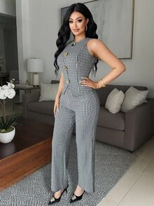 Vavine Fashionable Autumn Set: Metallic Single-Breasted Vest And Trousers, Casual Slim And Sexy Business Suit, Business Casual Womenswear, Old-School Style, Women's Capri Suit, Office Women's Attire, Women's Two-Piece Suit, Brunch Two-Piece, Two-Piece Set, Women's Casual Suit, Minimalist Office Commuting. - Multicolor - View 7