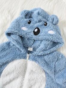 SHEIN 小男孩可爱宽松舒适刺绣3D动物毛绒连体裤，保暖内衬厚款，适合秋冬季