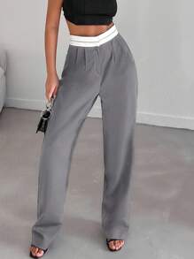 EURMUSE Pantalones de traje diario de uso sencillo con contraste de color para mujeres - Gris - Ver 5