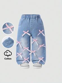 SHEIN Baby Girls' Wide Leg Jeans,Cute Pink 3D Bow Denim Pants For Summer,Graphic Loose Casual College Style,Fall Winter Jeans - Light Wash - View 4