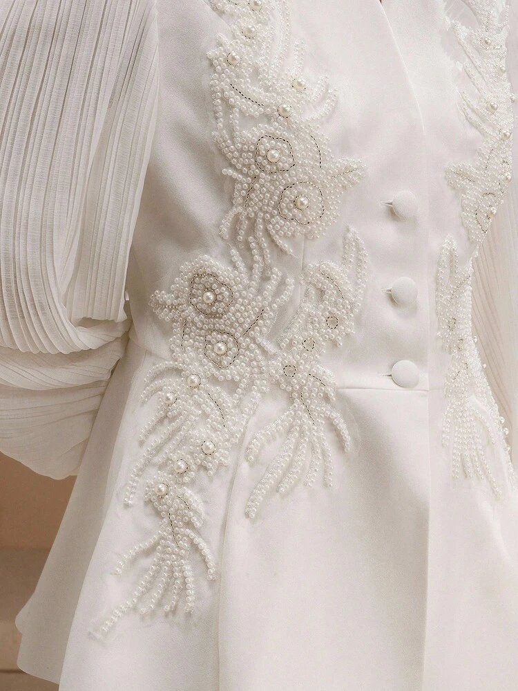 Women's White Beaded Floral Elegant Romantic Cinched Waist V-Neck Long Sleeve Jacket, Suitable For Autumn, Outings, Parties, Christmas, Work, And Other Occasions