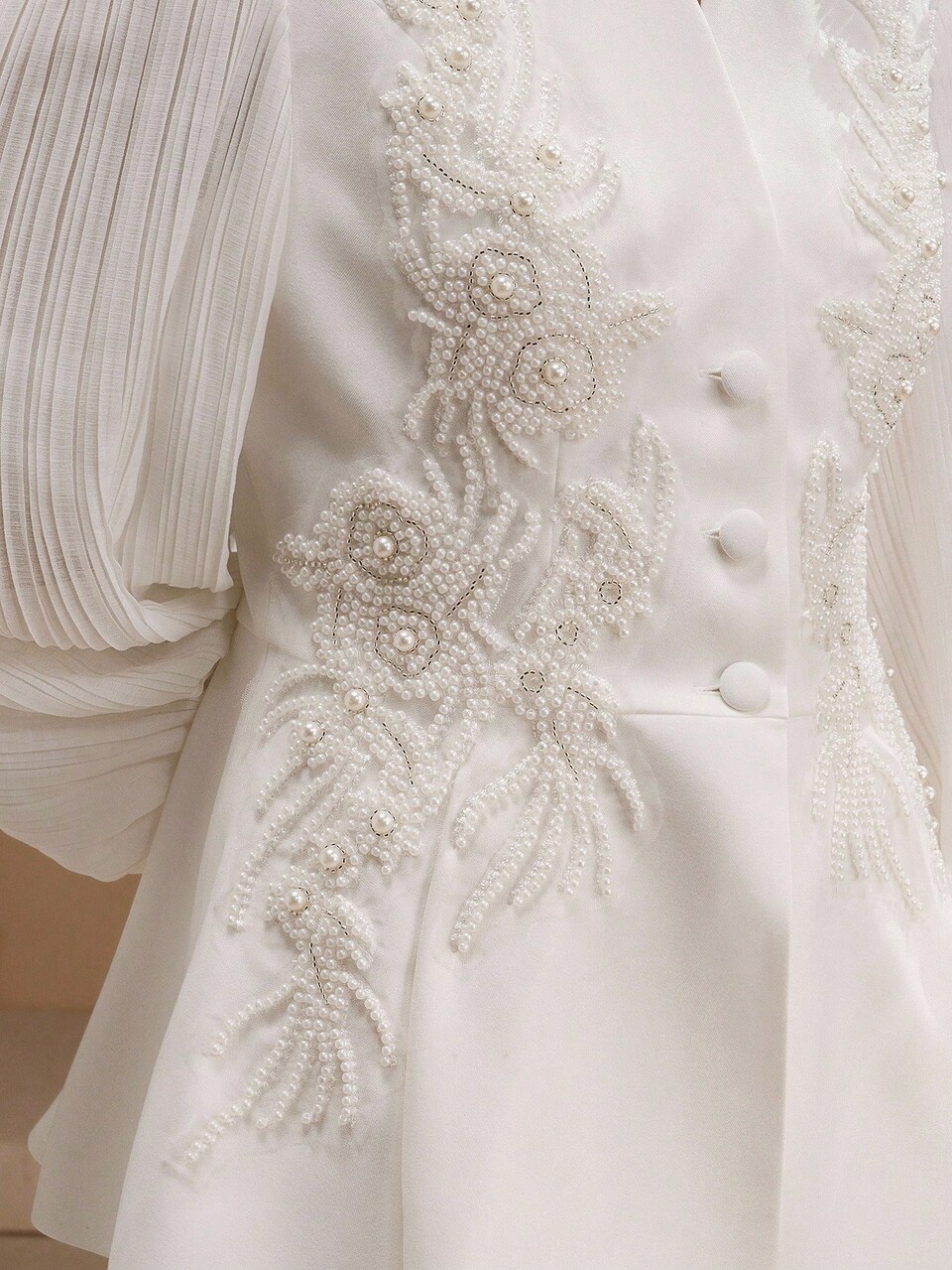 Women's White Elegant Beaded Floral V-Neck Long Sleeve Jacket For Autumn,Dinner Date,Christmas,Work,Parties,Outings Cinched Waist Jacket