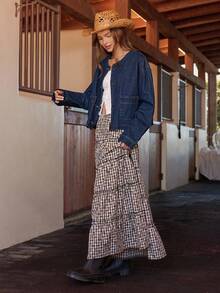 WESTFADE 圆领长袖纽扣前牛仔夹克 可爱秋季女式乡村音乐会夹克 - 深色水洗藍 - 查看 4