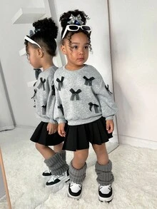 SHEIN Babygir Fashion Design Cute And Elegant Lady Baby Girl Adorable Knitted 2-Piece Set, Featuring A Long-Sleeve Sweatshirt With 3D Bow Decoration And An Elastic Waist Skirt, 2 Pieces In Total. Bow Sweatshirt, Black Pleated Skirt, Autumn And Winter Style Suitable For Indoors And Outdoors, Warm And Fashionable, Simple Style, Suitable For Indoor, Outdoor, Daily Wear, Sports, Playtime, Parties, Photoshoots, Vacations, And Festive Occasions. - Multicolor - View 6