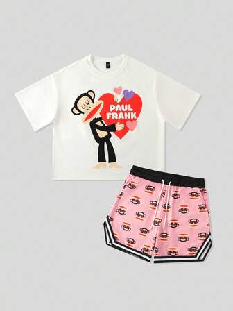 Paul Frank X ROMWE Men's Casual Cartoon Letter & Monkey Print Short Sleeve T-Shirt And Shorts Set, Summer