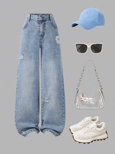 少女 Y2K 风格牛仔裤，复古浅洗蓝色牛仔布，做旧直筒宽松版型，面料柔软舒适，街头潮流百搭休闲牛仔裤