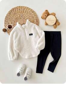 Baby Girl Fluffy White Sweatshirt And Pants Set, Versatile For Autumn/Winter Fall