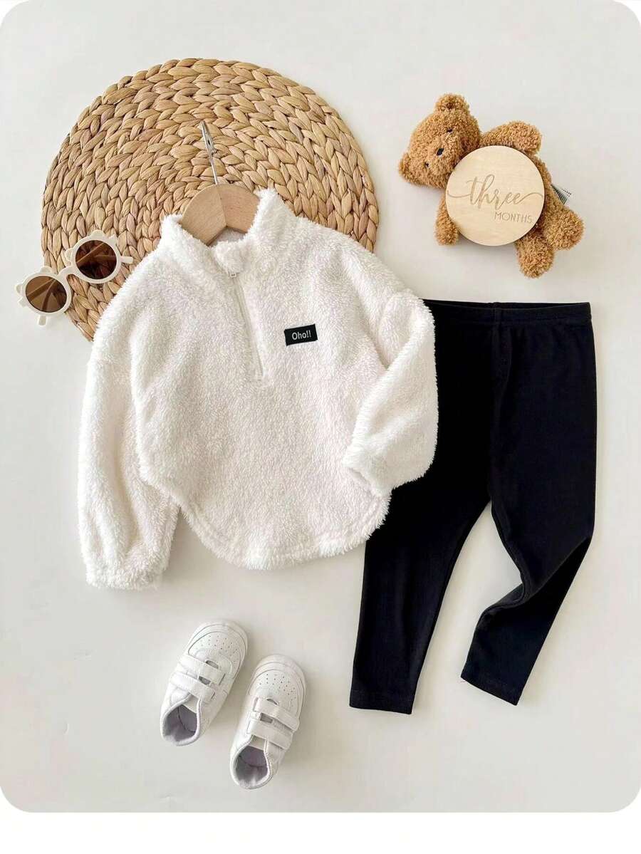 Baby Girl Fluffy White Sweatshirt And Pants Set, Versatile For Autumn/Winter Fall