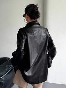 DAZY 女士休闲宽松领长袖口袋PU皮夹克，街头风，秋冬皮夹克 - 黑色 - 查看 2