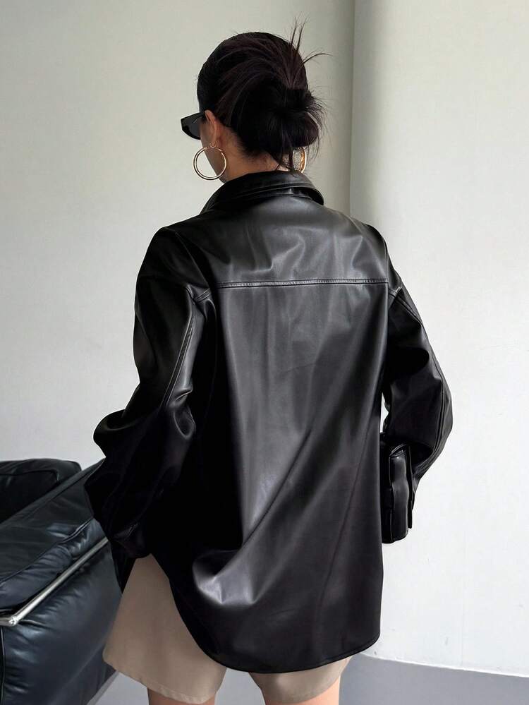 Women's Casual Loose Collar Long Sleeve Pocket PU Jacket, Street Style, Autumn/Winter Leather Jacket