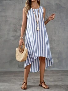 EMERY ROSE Summer Vacation Casual Colorblock Striped Asymmetric Hem Sleeveless Dress - Multicolor - View 4