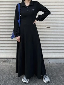 FRIFUL 女式黑色纯色领长袖收腰刺绣连衣裙，修身长裙，适合户外穿着，秋季 - 黑色 - 查看 5
