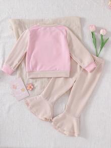 SHEIN Playful Pals Kleine Mädchen Set aus kontrastfarbigem Top mit Blumenstickerei und weiter Hose - Verschiedenfarbig - Übersicht 2
