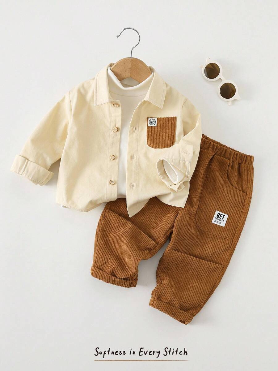 Cozy Pixies 男婴撞色口袋翻领长袖开衫和松紧腰裤套装，男婴灯芯绒裤，男婴灯芯绒套装，男婴秋季服装，棕色男婴服装，男婴亚麻衬衫（冬季款） - 彩色 - 查看 1