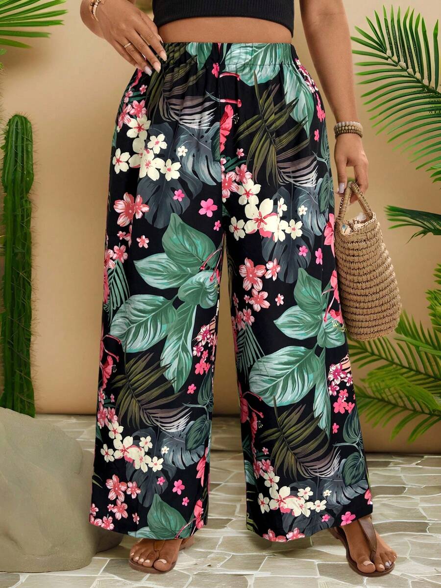 SHEIN VCAY Plus Size Women Tropical Plant Print Elastic Waist Wide Leg Pants