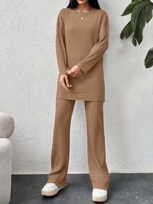 EURMUSE Cotton Drop Shoulder Split Hem Tee & Pants - Mocha Brown - View 5