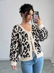Elenzga 女式豹纹撞色蝴蝶结休闲灯笼袖V领开衫毛衣，秋冬女装