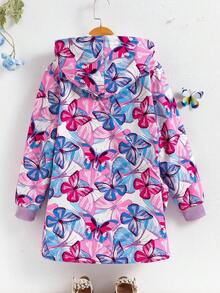 少女休闲蝴蝶印花保暖连帽衫，秋冬季 - 紫色 - 查看 2