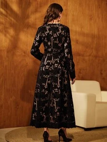 Anewsta 女士长款花卉蕾丝优雅连衣裙，时尚春秋 - 黑色 - 查看 3